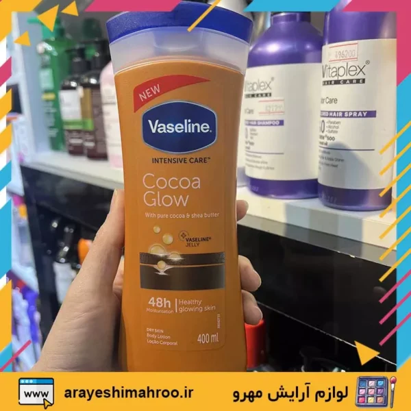 vaseline intensive care cocoa glow body lotion 400ml-Mahroo Cosmetics-لوسیون بدن کره کاکائو وازلین-لوازم آرایش اورجینال مهرو